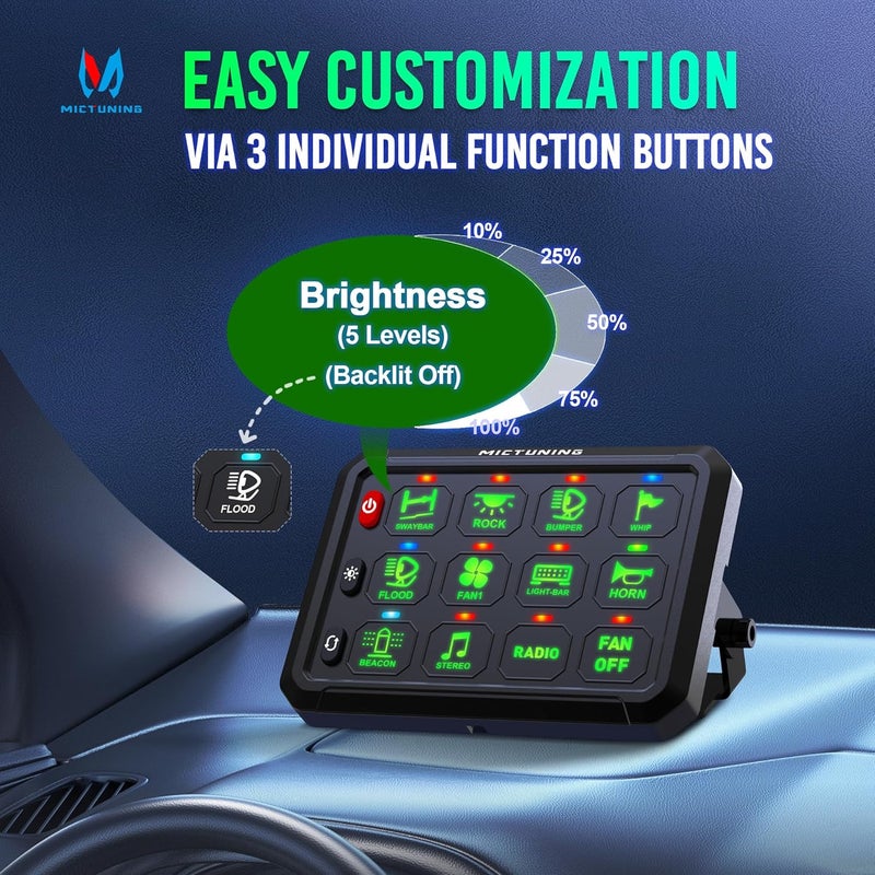 MICTUNING P1B 12 Gang Switch Panel, Multifunction Toggle Momentary Flash Strobe Pulsed with Backlight Off Toggle Switch Pod On Off Circuit Control Relay Box for Car Truck Off Road Marine, Green - Image 3